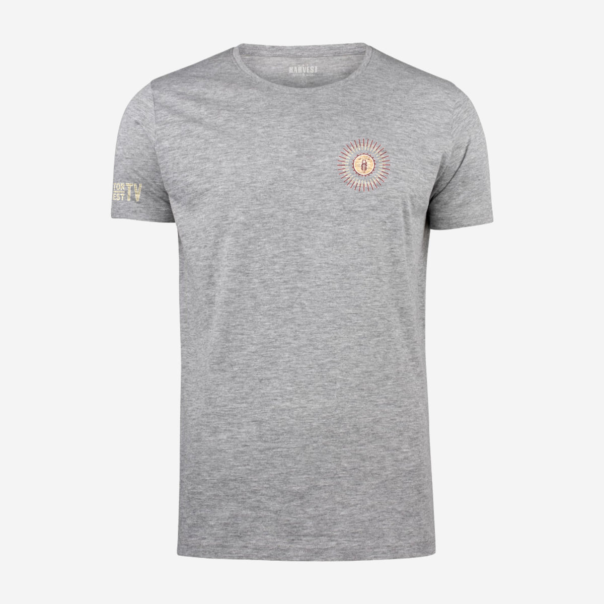 Motor Test TV Basic T-shirt in Grijs Mélée, ontwerp Summer Style: klein Sun logo op de borst en Motor Test TV op de mouw