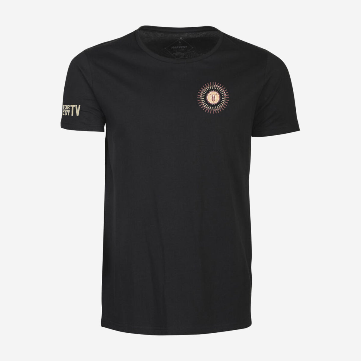 Motor Test TV Basic T-shirt in Zwart, ontwerp Summer Style: klein Sun logo op de borst en Motor Test TV op de mouw