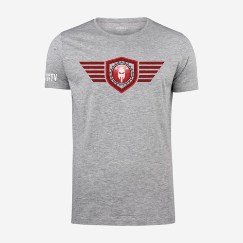 Motor Test TV Basic T-shirt in Grijs Mélée, ontwerp Red Wing: groot Wing logo op de borst en Motor Test TV op de mouw