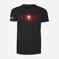 Motor Test TV Basic T-shirt in Zwart, ontwerp Red Wing: groot Wing logo op de borst en Motor Test TV op de mouw