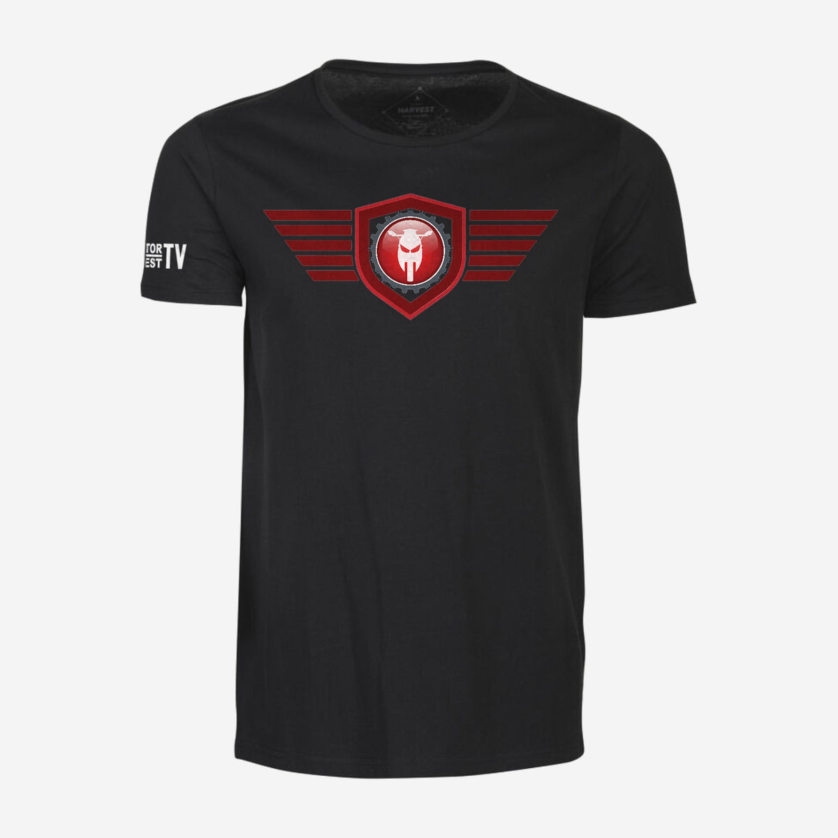 Motor Test TV Basic T-shirt in Zwart, ontwerp Red Wing: groot Wing logo op de borst en Motor Test TV op de mouw