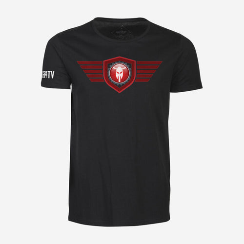 Motor Test TV Basic T-shirt in Zwart, ontwerp Red Wing: groot Wing logo op de borst en Motor Test TV op de mouw