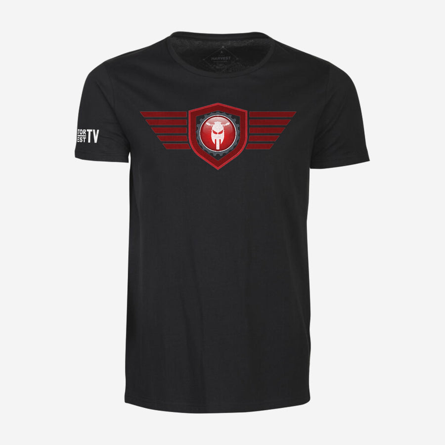 Motor Test TV Basic T-shirt in Zwart, ontwerp Red Wing: groot Wing logo op de borst en Motor Test TV op de mouw