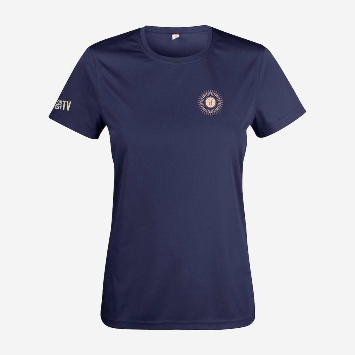 Motor Test TV Dames T-shirt in Dark Navy, ontwerp Summer Style: klein Sun logo op de borst en Motor Test TV op de mouw