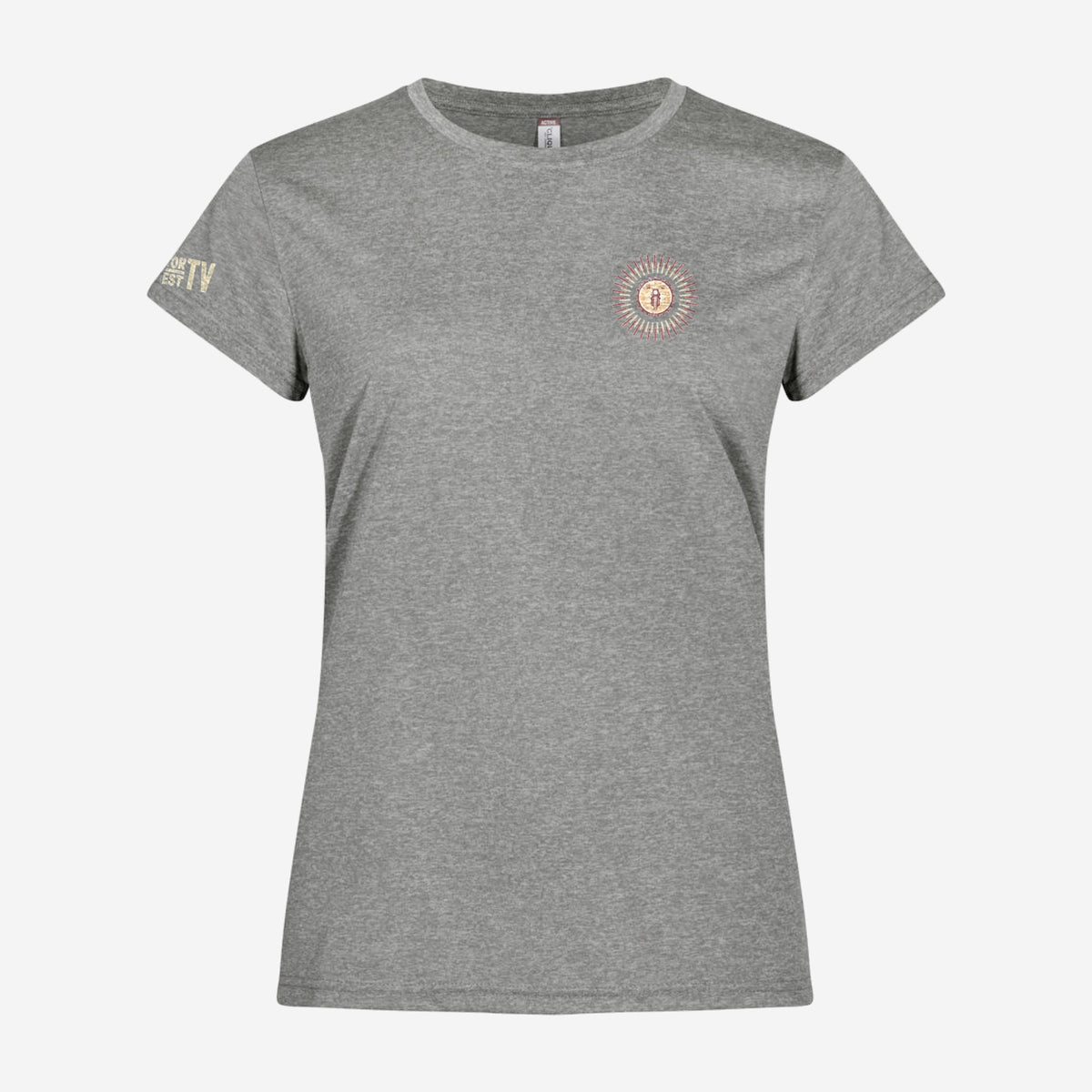 Motor Test TV Dames T-shirt in Grijsmelange, ontwerp Summer Style: klein Sun logo op de borst en Motor Test TV op de mouw