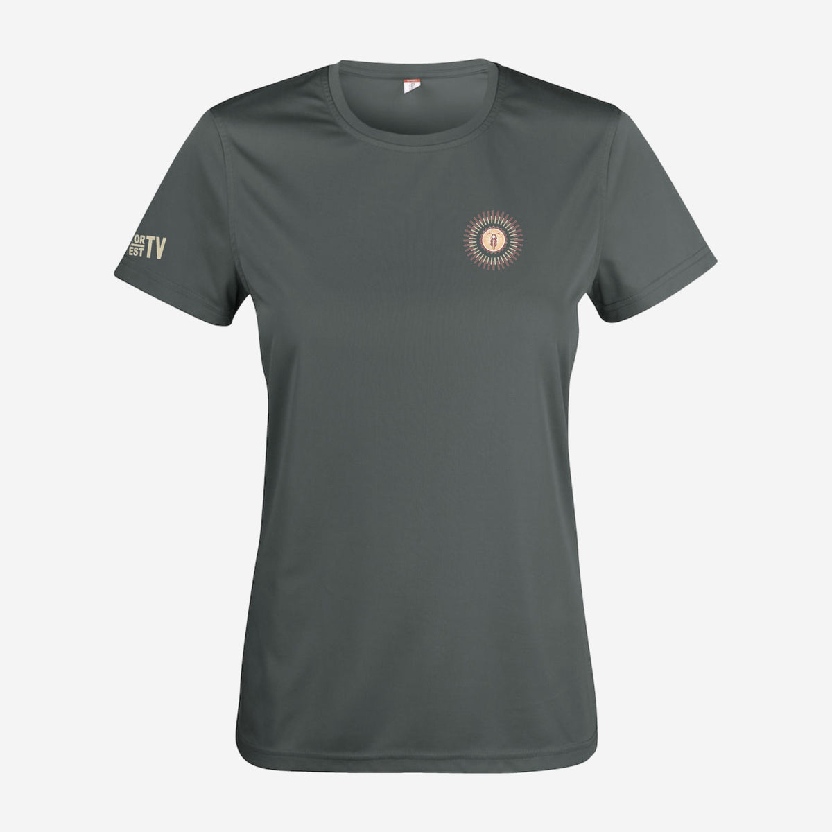 Motor Test TV Dames T-shirt in Pistol, ontwerp Summer Style: klein Sun logo op de borst en Motor Test TV op de mouw