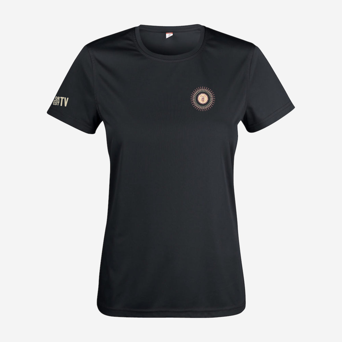 Motor Test TV Dames T-shirt in Zwart, ontwerp Summer Style: klein Sun logo op de borst en Motor Test TV op de mouw