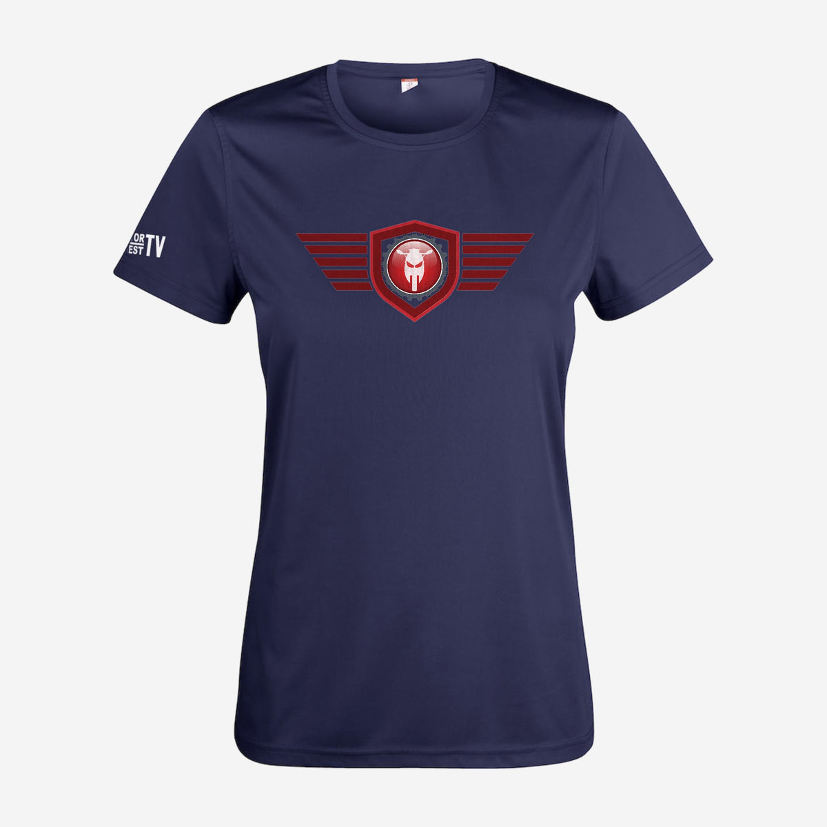 Motor Test TV Dames T-shirt in Dark Navy, ontwerp Red Wing: groot Wing logo op de borst en Motor Test TV op de mouw
