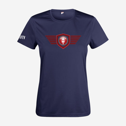 Motor Test TV Dames T-shirt in Dark Navy, ontwerp Red Wing: groot Wing logo op de borst en Motor Test TV op de mouw