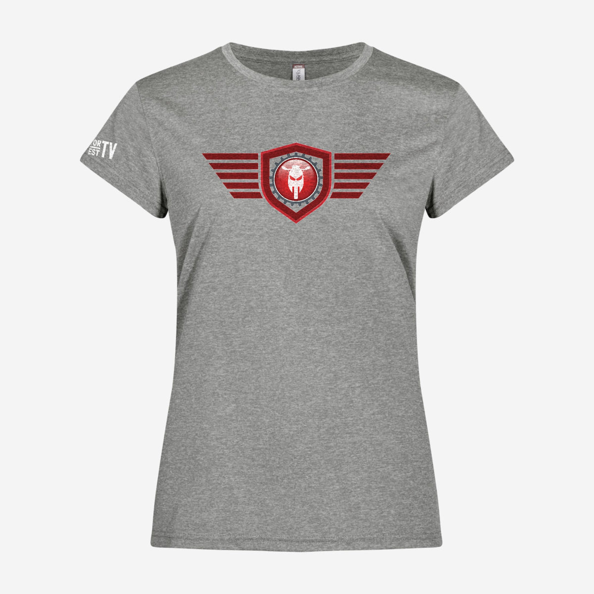 Motor Test TV Dames T-shirt in Grijsmelange, ontwerp Red Wing: groot Wing logo op de borst en Motor Test TV op de mouw