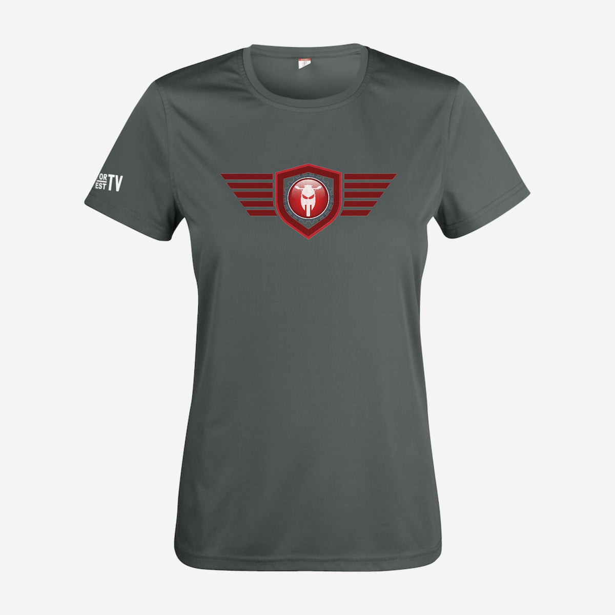 Motor Test TV Dames T-shirt in Pistol, ontwerp Red Wing: groot Wing logo op de borst en Motor Test TV op de mouw