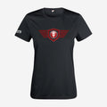 Motor Test TV Dames T-shirt in Zwart, ontwerp Red Wing: groot Wing logo op de borst en Motor Test TV op de mouw