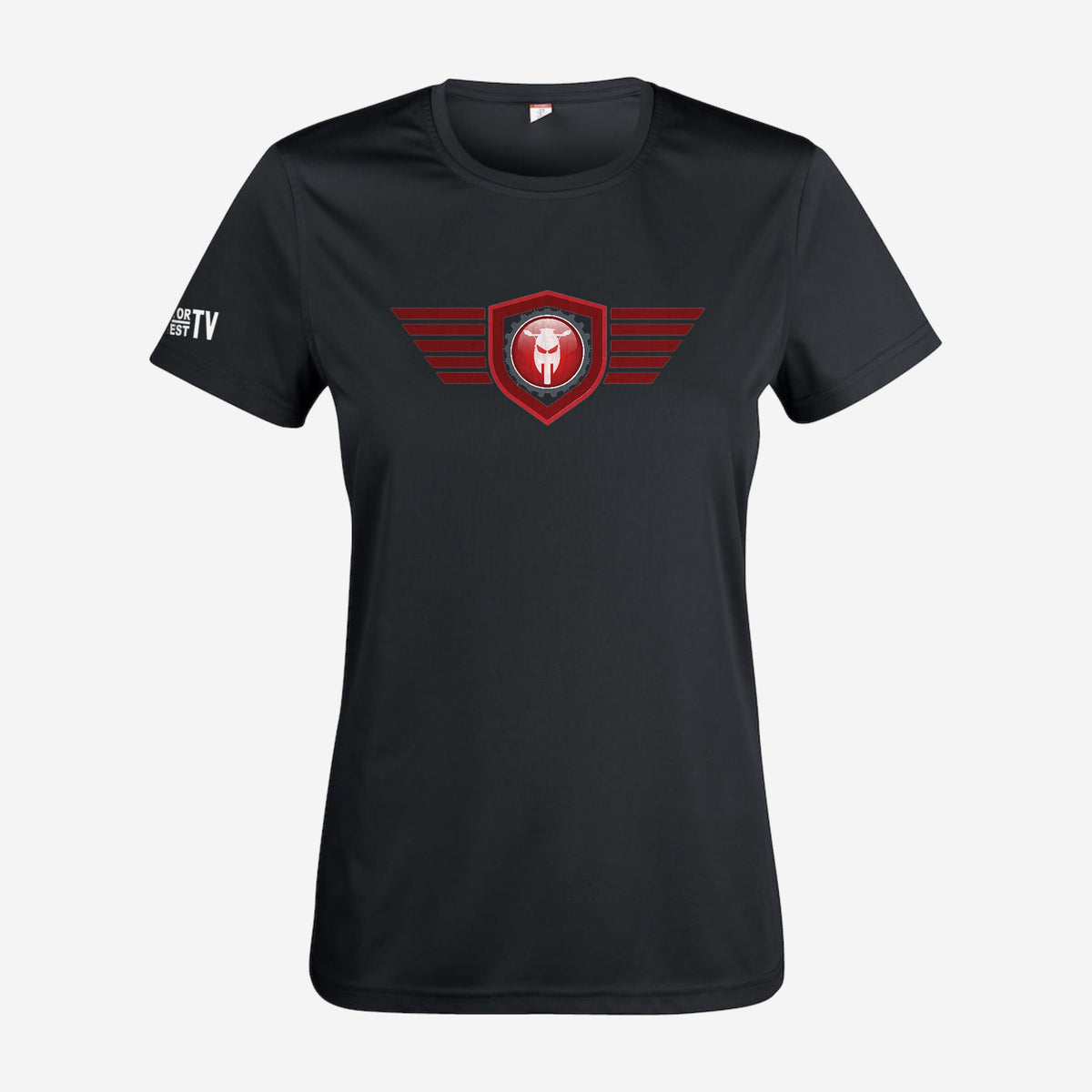 Motor Test TV Dames T-shirt in Zwart, ontwerp Red Wing: groot Wing logo op de borst en Motor Test TV op de mouw