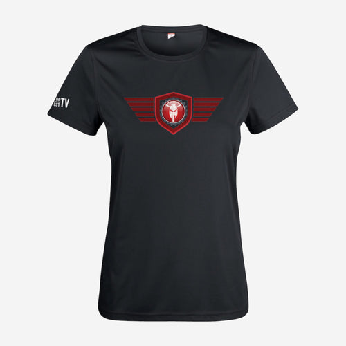 Motor Test TV Dames T-shirt in Zwart, ontwerp Red Wing: groot Wing logo op de borst en Motor Test TV op de mouw