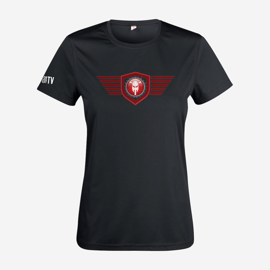 Motor Test TV Dames T-shirt in Zwart, ontwerp Red Wing: groot Wing logo op de borst en Motor Test TV op de mouw