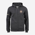Voorbeeld: Motor Test TV Hoodie met rits in Antracite Melange, ontwerp Summer Style: klein Sun logo op de borst en Motor Test TV op de mouw