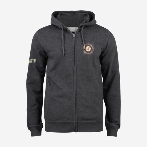 Voorbeeld: Motor Test TV Hoodie met rits in Antracite Melange, ontwerp Summer Style: klein Sun logo op de borst en Motor Test TV op de mouw