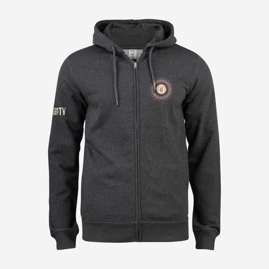 Voorbeeld: Motor Test TV Hoodie met rits in Antracite Melange, ontwerp Summer Style: klein Sun logo op de borst en Motor Test TV op de mouw
