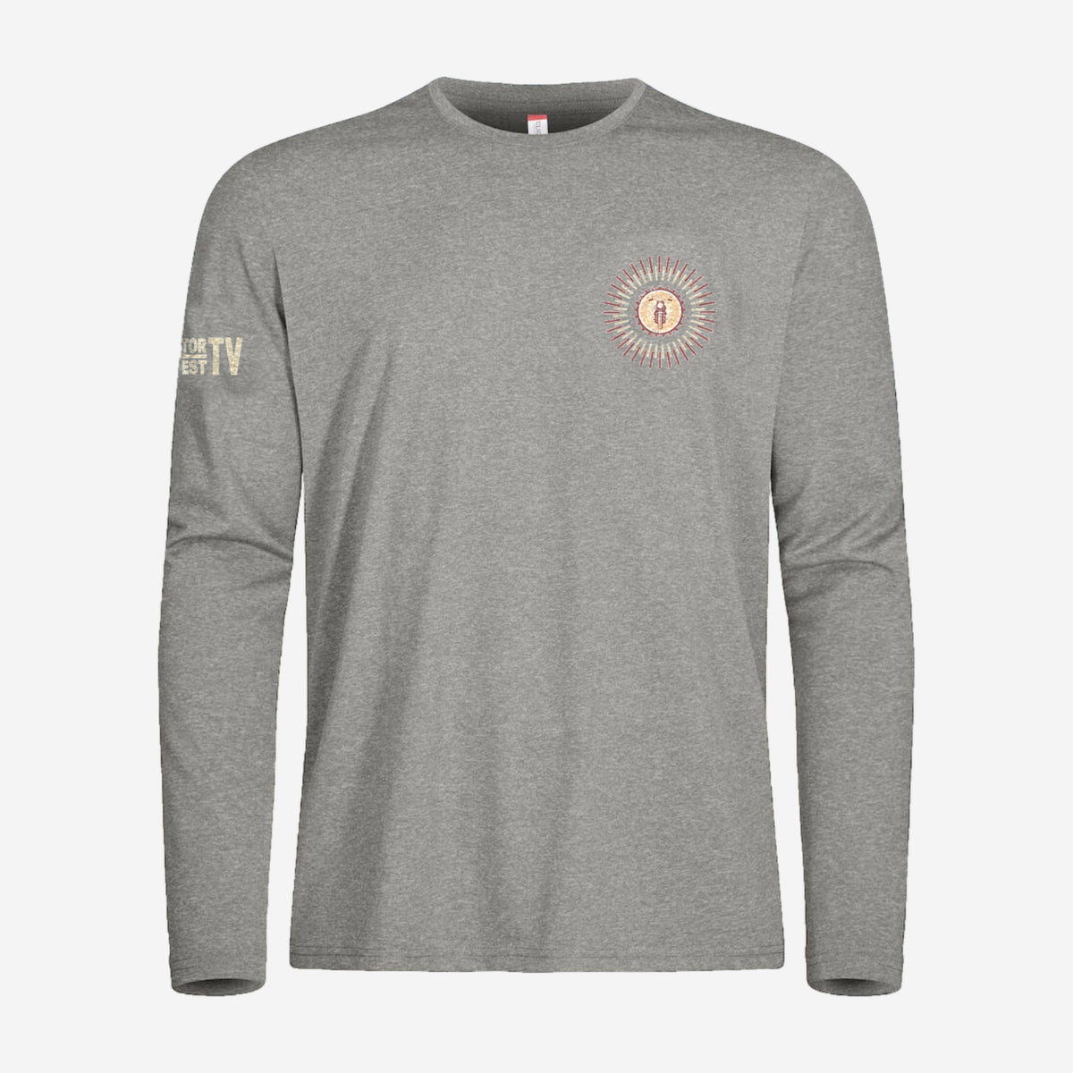 Motor Test TV Longsleeve in Grijsmelange, ontwerp Summer Style: klein Sun logo op de borst en Motor Test TV op de mouw