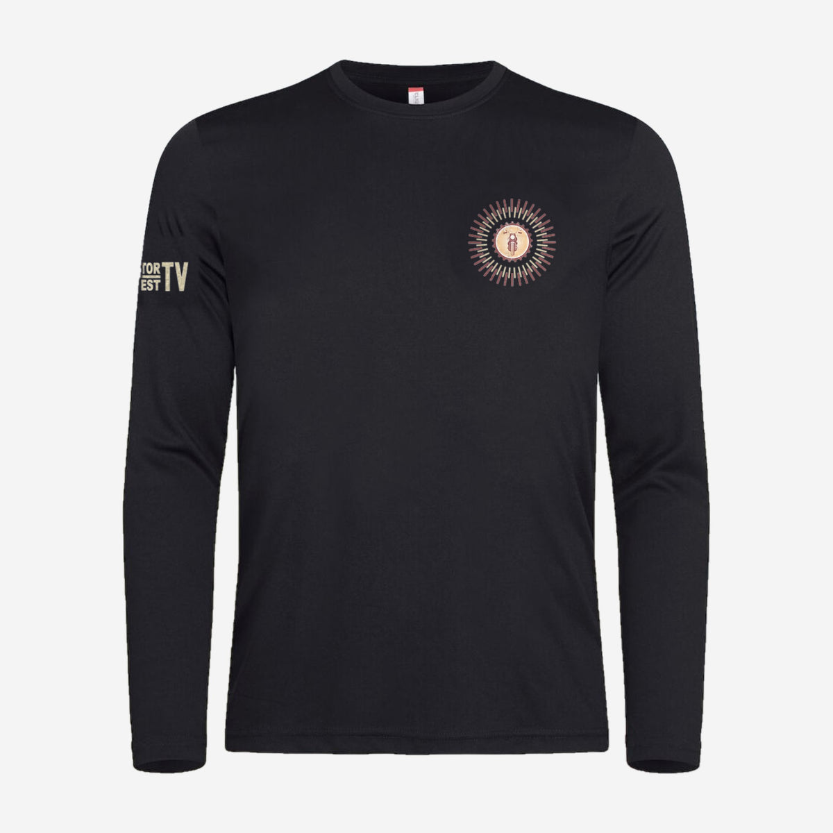 Motor Test TV Longsleeve in Zwart, ontwerp Summer Style: klein Sun logo op de borst en Motor Test TV op de mouw