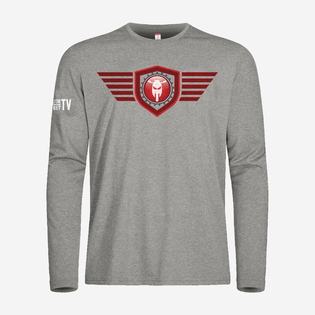 Motor Test TV Longsleeve in Grijsmelange, ontwerp Red Wing: groot Wing logo op de borst en Motor Test TV op de mouw