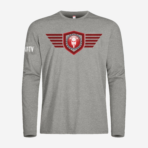 Motor Test TV Longsleeve in Grijsmelange, ontwerp Red Wing: groot Wing logo op de borst en Motor Test TV op de mouw