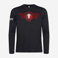 Motor Test TV Longsleeve in Zwart, ontwerp Red Wing: groot Wing logo op de borst en Motor Test TV op de mouw