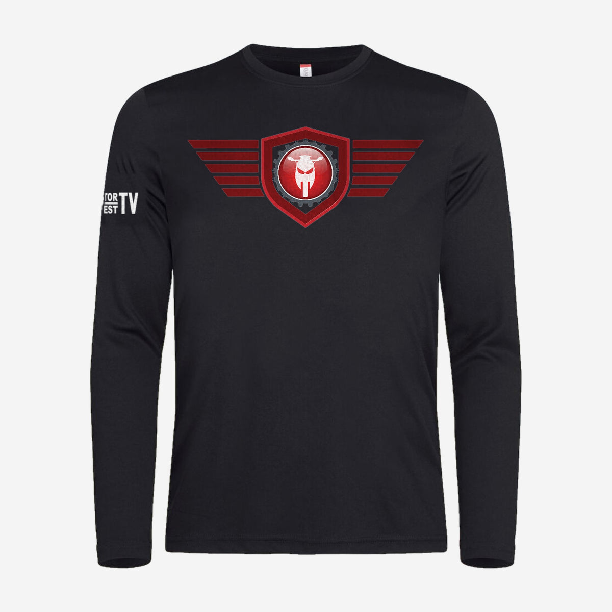 Motor Test TV Longsleeve in Zwart, ontwerp Red Wing: groot Wing logo op de borst en Motor Test TV op de mouw