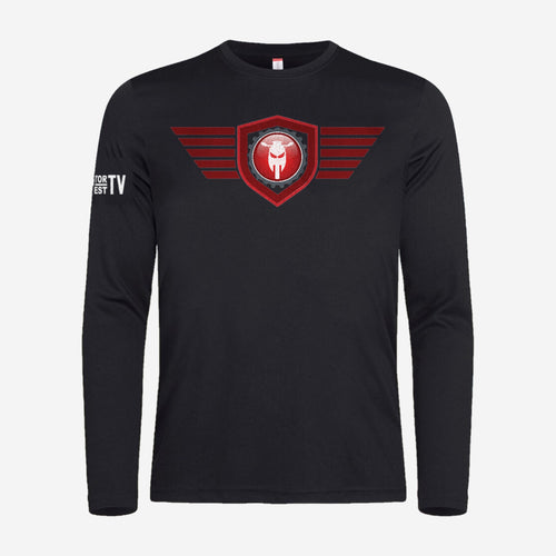 Motor Test TV Longsleeve in Zwart, ontwerp Red Wing: groot Wing logo op de borst en Motor Test TV op de mouw