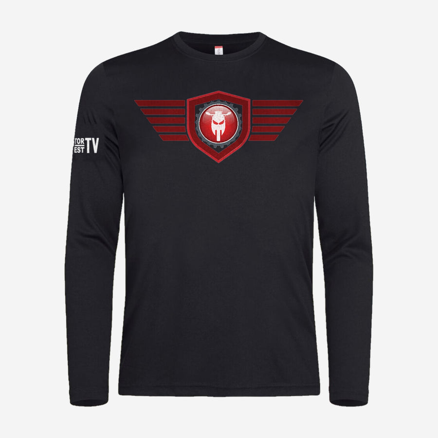 Motor Test TV Longsleeve in Zwart, ontwerp Red Wing: groot Wing logo op de borst en Motor Test TV op de mouw