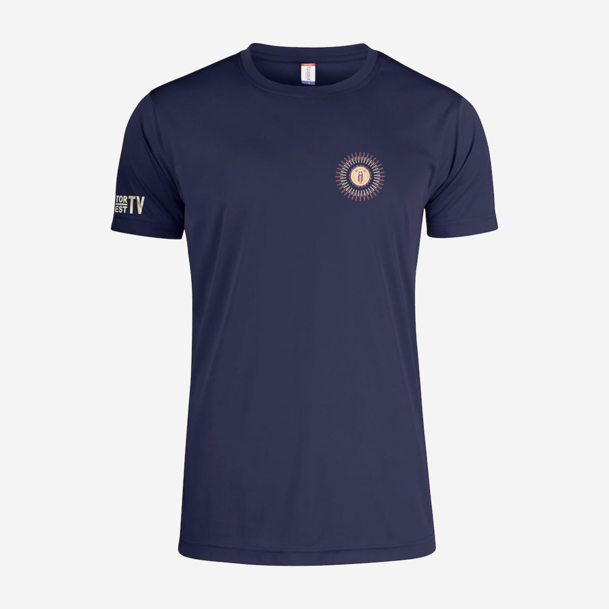 Motor Test TV T-shirt met korte mouw in Dark Navy, ontwerp Summer Style: klein Sun logo op de borst en Motor Test TV op de mouw