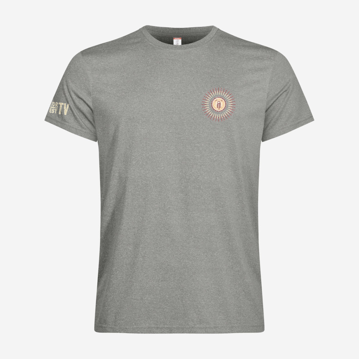 Motor Test TV T-shirt met korte mouw in Grijsmelange, ontwerp Summer Style: klein Sun logo op de borst en Motor Test TV op de mouw