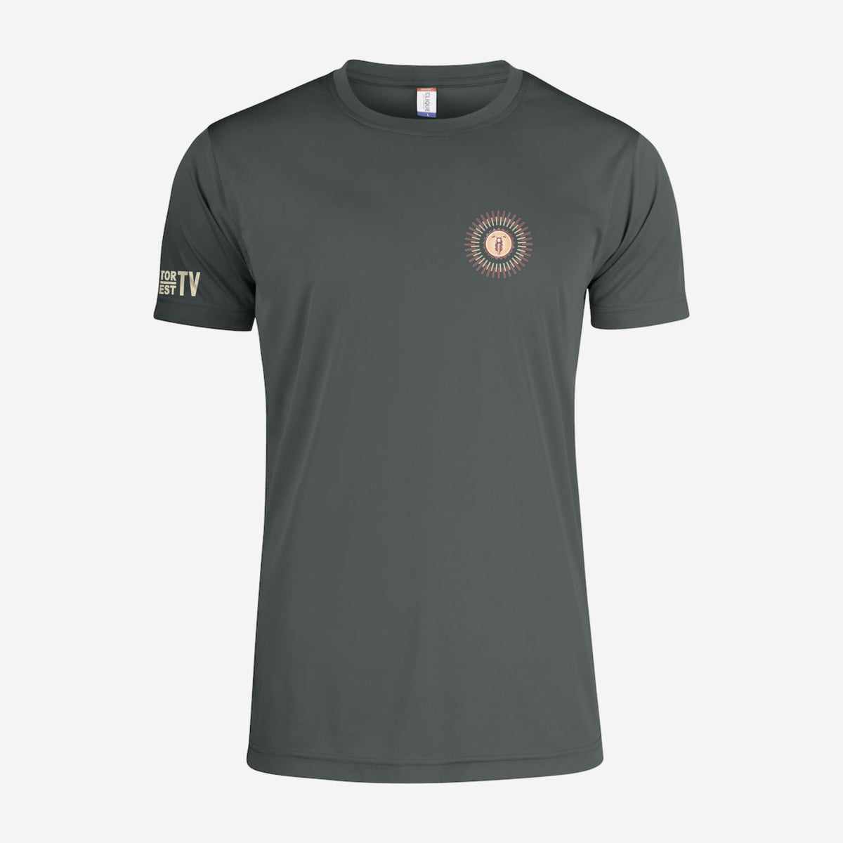 Motor Test TV T-shirt met korte mouw in Pistol, ontwerp Summer Style: klein Sun logo op de borst en Motor Test TV op de mouw
