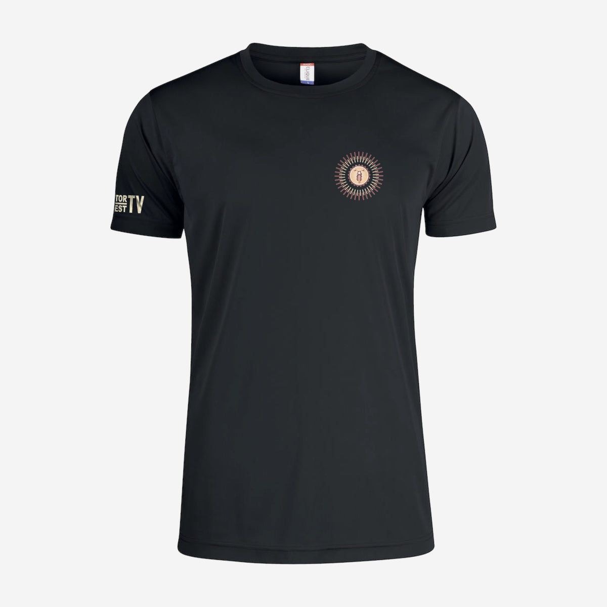 Motor Test TV T-shirt met korte mouw in Zwart, ontwerp Summer Style: klein Sun logo op de borst en Motor Test TV op de mouw