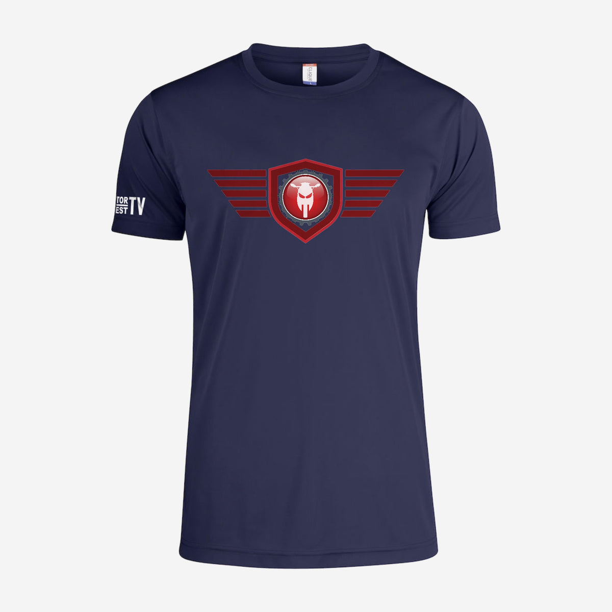 Motor Test TV T-shirt met korte mouw in Dark Navy, ontwerp Red Wing: groot Wing logo op de borst en Motor Test TV op de mouw