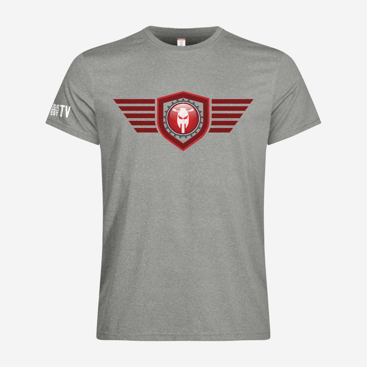 Motor Test TV T-shirt met korte mouw in Grijsmelange, ontwerp Red Wing: groot Wing logo op de borst en Motor Test TV op de mouw