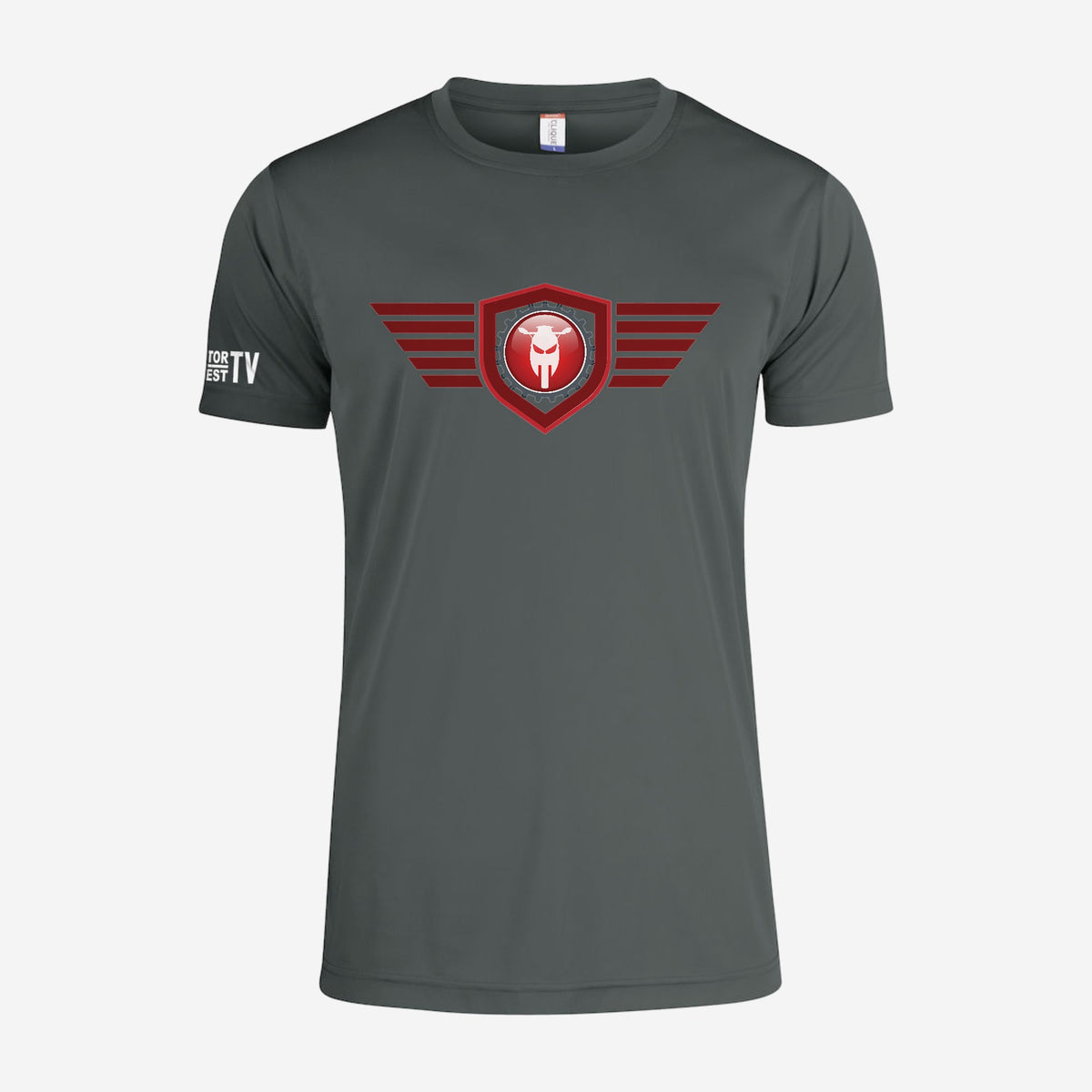 Motor Test TV T-shirt met korte mouw in Pistol, ontwerp Red Wing: groot Wing logo op de borst en Motor Test TV op de mouw