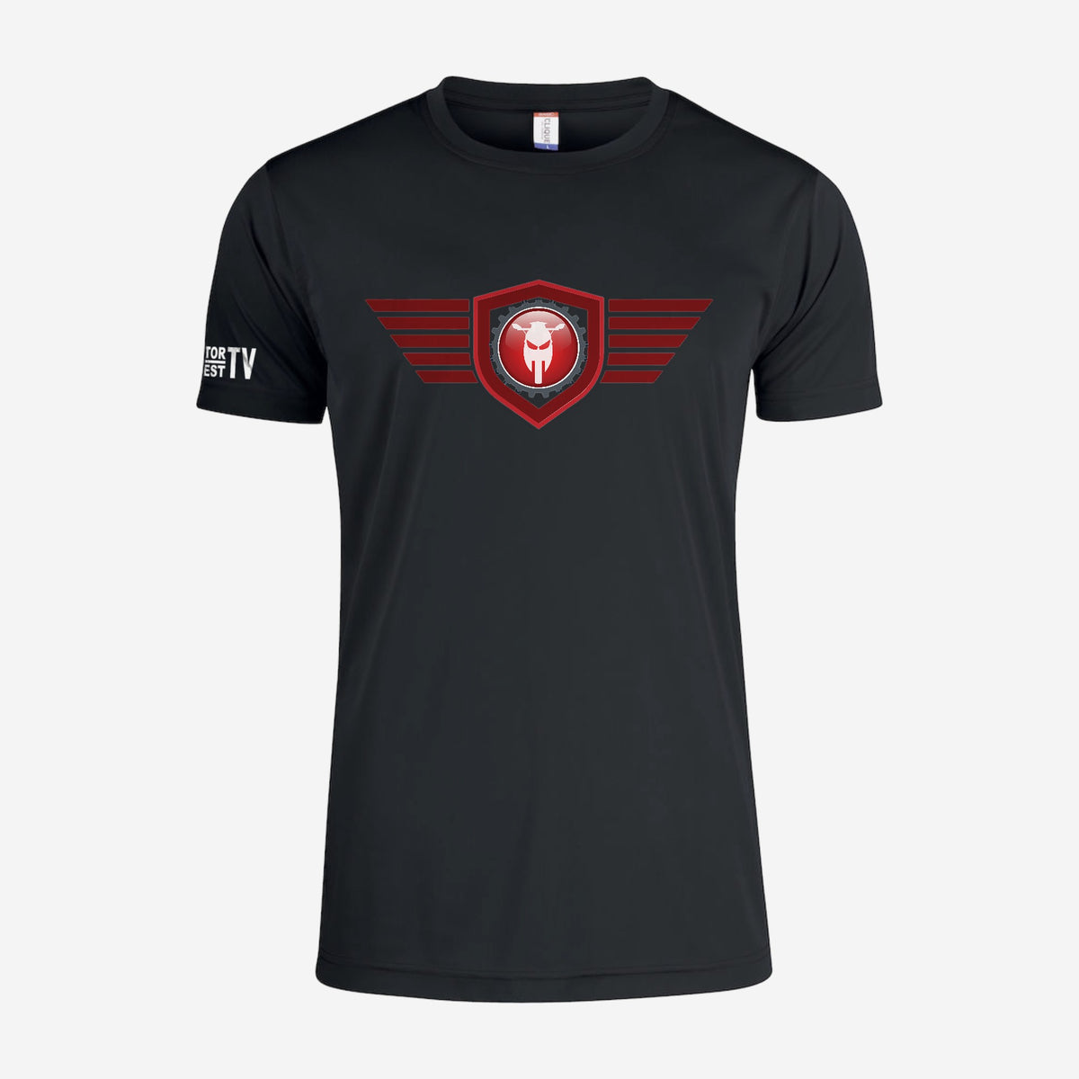 Motor Test TV T-shirt met korte mouw in Zwart, ontwerp Red Wing: groot Wing logo op de borst en Motor Test TV op de mouw