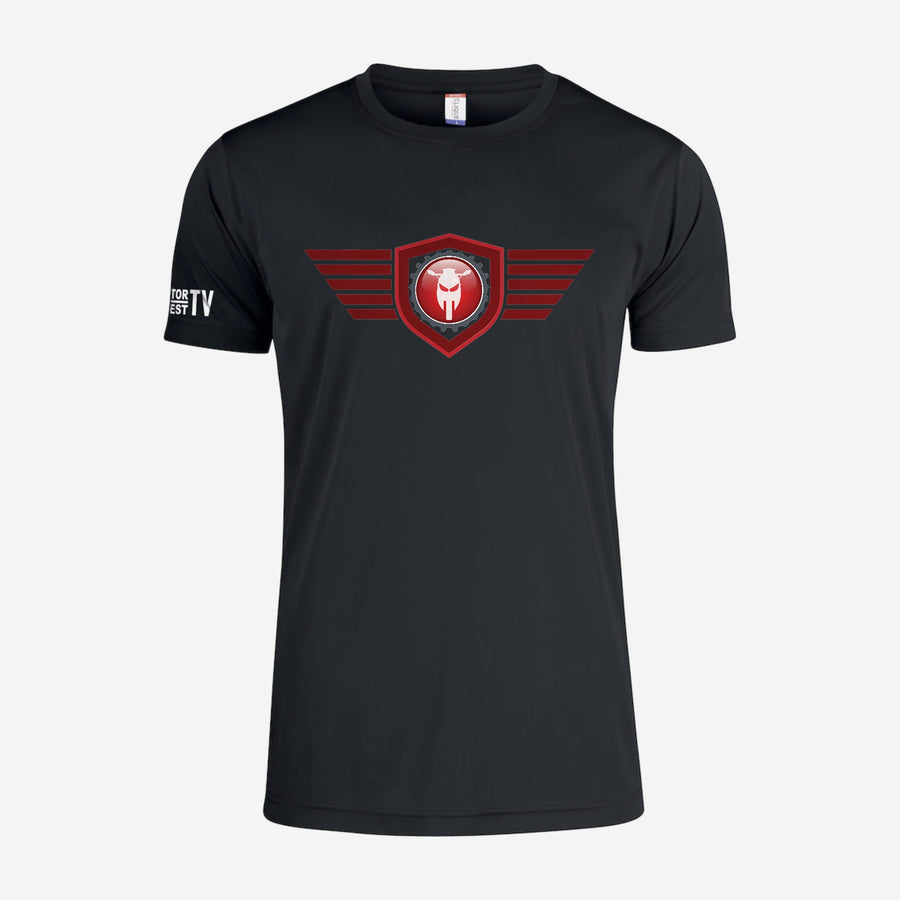 Motor Test TV T-shirt met korte mouw in Zwart, ontwerp Red Wing: groot Wing logo op de borst en Motor Test TV op de mouw